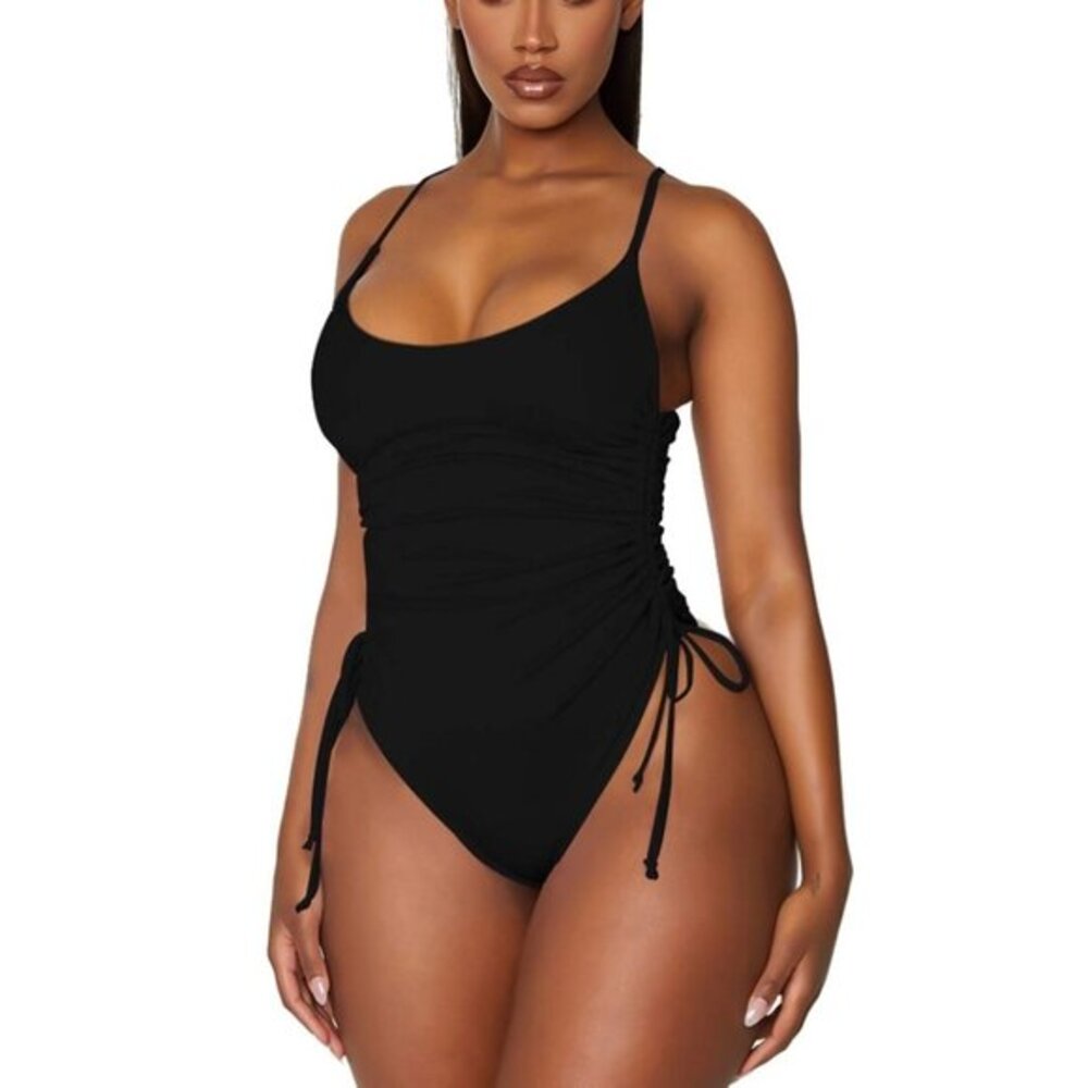 Ruched High Cut Swimsuit Tummy Control Cheeky Black Size Large NWT #2120